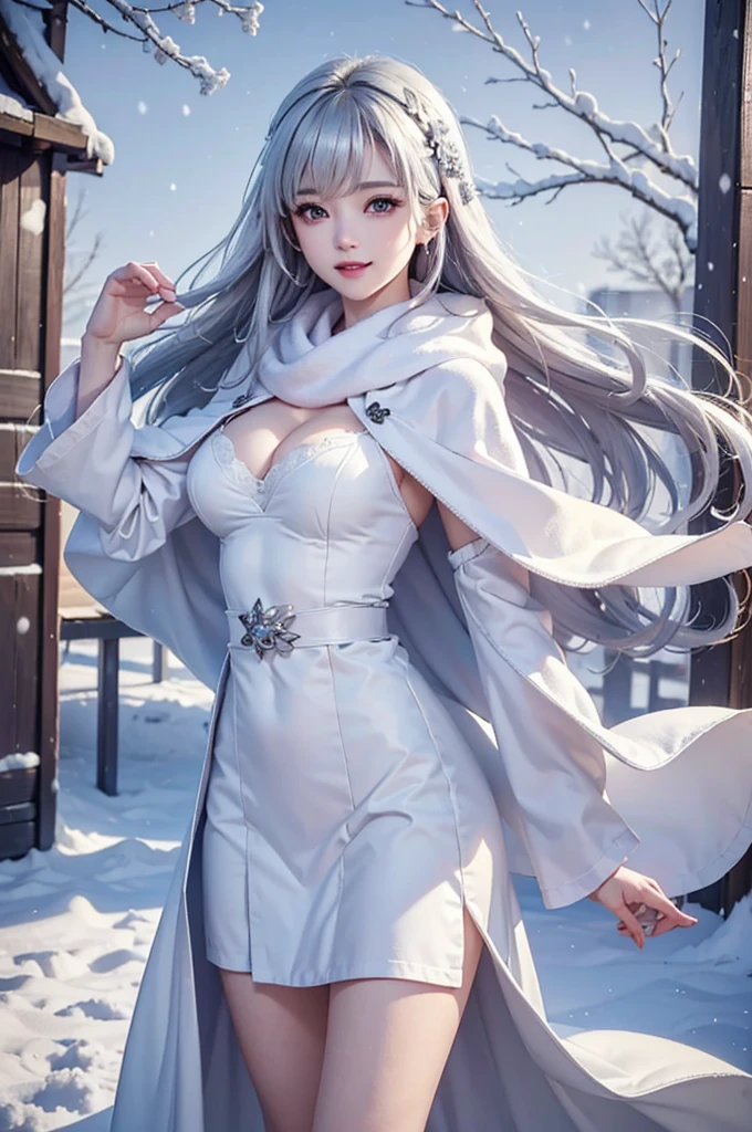 ((masterpiece:1.5、8k、Portraiture、フォトリアリスティックでVery detailedなCG、Very detailed、Particle Effects、Dynamic Effects、Shallow depth of field、Cinematic Light、Lens flare、Ray Tracing、Tabletop、Realistic:1.4、Ultra-high resolution:1.2、Realistic、Realistic))((alone、,オフショルダーのドレスの上にカシミアのcoatを着た女性:1.4、wear a long scarf、White belt、coat、Elegant woman posing、Detailed face、bright表情、young, bright, Whiter skin、small breasts、cleavage, Best Looks、Ultimate beauty、Shiny silver hair with highlights、bright and shiny hair,、Super long, Silky straight hair、Hair dancing in the wind))(morning、outdoors, winter, snow falling)