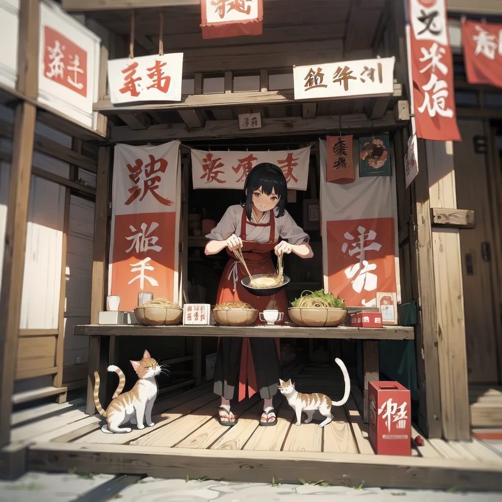 Unreal Engine, Detailed Background, Detailed Foreground, Depth of written boundary, Cat eating ramen, 日本のstall, stall ,Cat cooking ramen、