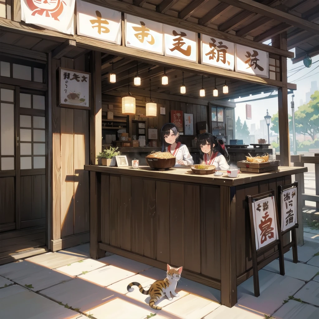 Unreal Engine, Detailed Background, Detailed Foreground, Depth of written boundary, Cat eating ramen, 日本のstall, stall ,Cat cooking ramen、