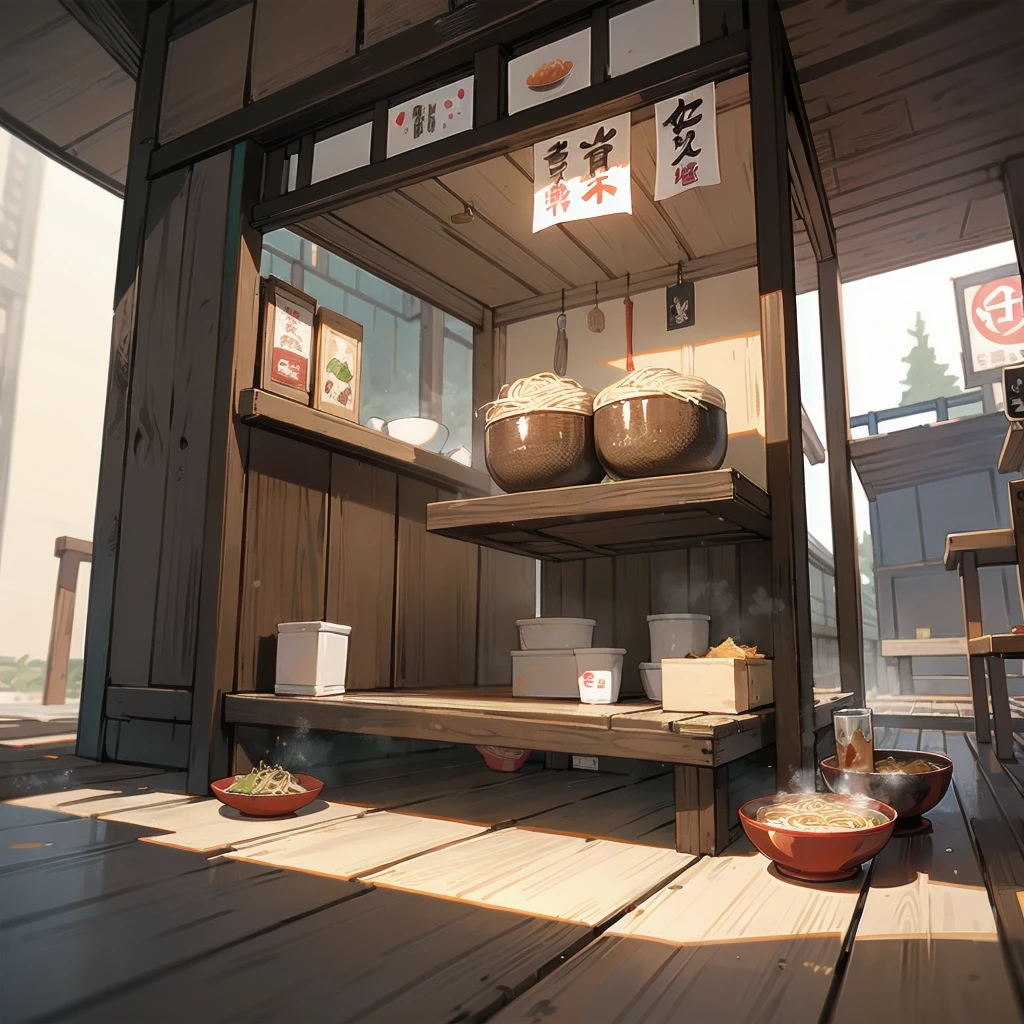Unreal Engine, Detailed Background, Detailed Foreground, Depth of written boundary, Cat eating ramen, 日本のstall, stall ,Cat cooking ramen、