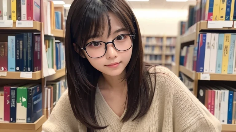 Produce the highest quality and highest resolution 8K images。Please draw a 20-year-old Japanese woman studying in a library.。She has brown eyes and wears glasses。Model-worthy style、She has an idol-level cute face.。The hair is long。The skin is、It is a natural skin color。What to wear、Wearing stylish short-sleeved clothing。
