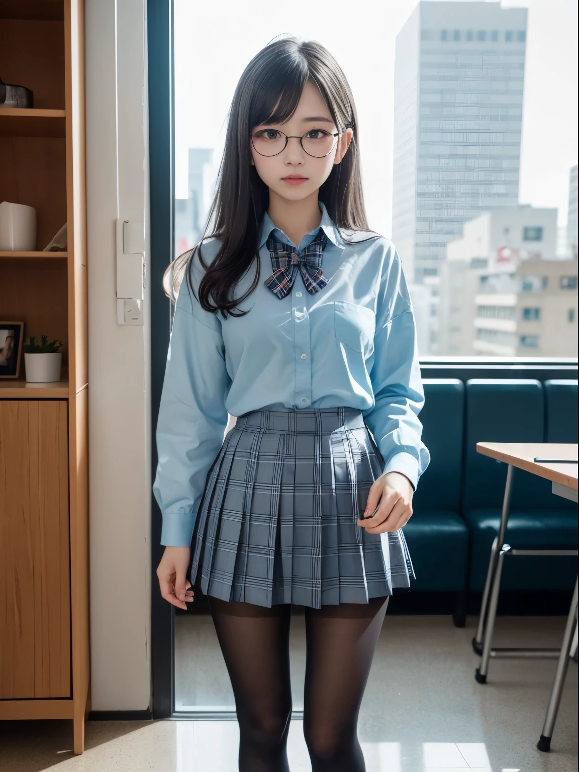 (8k、生photograph、Highest quality、masterpiece:1.2)、Bun、(Small eyes)、(Black Pantyhose)、((Small breasts)、(Small breasts)、(Small breasts)、(Cutting board)、(Cutting board))、((Half an eye))、((Sleepy eyes))、((Squint your eyes))、(Round Glasses)、One person、cute、JK、high school girl、Japanese women、Are standing、(PhotoReactive:1.37)、Photon Mapping、Real、(Very delicate face)、cute小さな顔、Brown eyes、(Red bow tie)、Radio City、Physically Based Rendering、Prospect、Character boundary depth、Blurred Background、photograph、girl、body、Beautiful feet、Long legs、Thin legs、(前hairが見える)、hair、lips、Blue_The目、Soft Nose、(Light blue shirt)、(Navy, blue and white plaid pleated skirt)、High school uniforms、See-through clothing、Thighs、black cotton socks、Nogizaka Idol、、Japan Ido