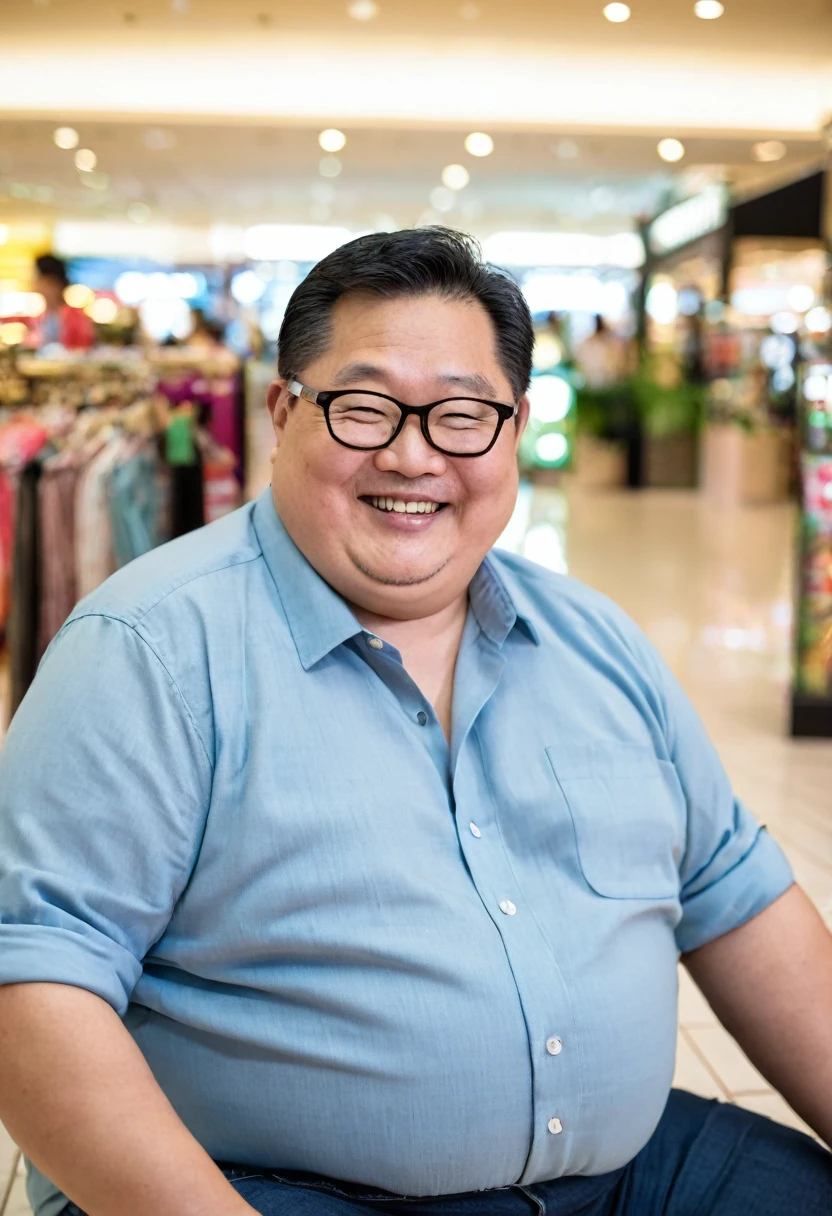 Man, Asian, 50 years old, Fat, Chubby, wearing glasses, Light blue, Thin shirt, sitting in shopping mall, looking smile.