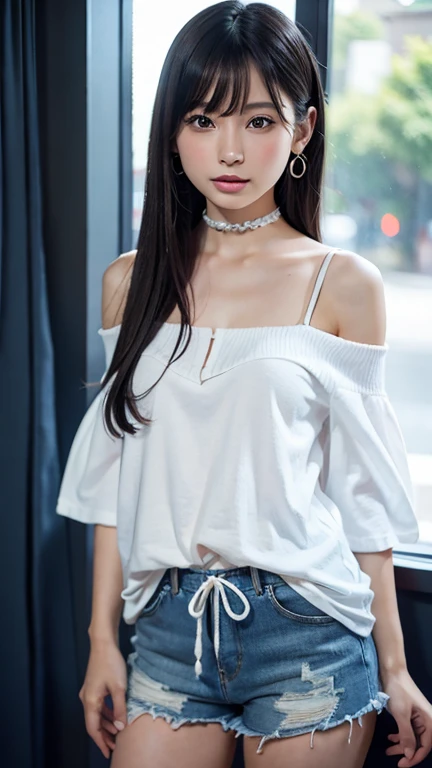 ((Off-the-shoulder knit、Drawstring Cami、Pintuck shorts))beautiful, calm and bright look、Refreshing look、完璧なbeautifulcute顔、Very bright、Long bangs between the eyes、Long black hair straight hair、とてもcute、beautifully、Young little woman、非常に完璧なbeautifulcute顔、、Real17歳女性、cute,((Small breasts:1.4))、(()) And a very slim figure,Very thin leganicules、Earrings、Pink Lip、choker、Real、Highest quality、Detailed face、Detailed Background、Depth of written boundary、alone、night,Highest quality、High resolution、超High resolution(Real:1.4)Detailed eyes、Gradation、Perfect anatomical figure、Woman with perfect body、Highly detailed skin、非常にDetailed face、細部までbeautiful目、Background blur、whole body viewing angle、