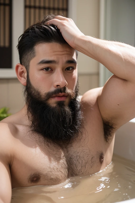 ((best quality)), ((masterpiece)), (detailed), perfect big detailed hairy plump muscle man in bath , beard, dark skin color, skinhead, Japanese men,