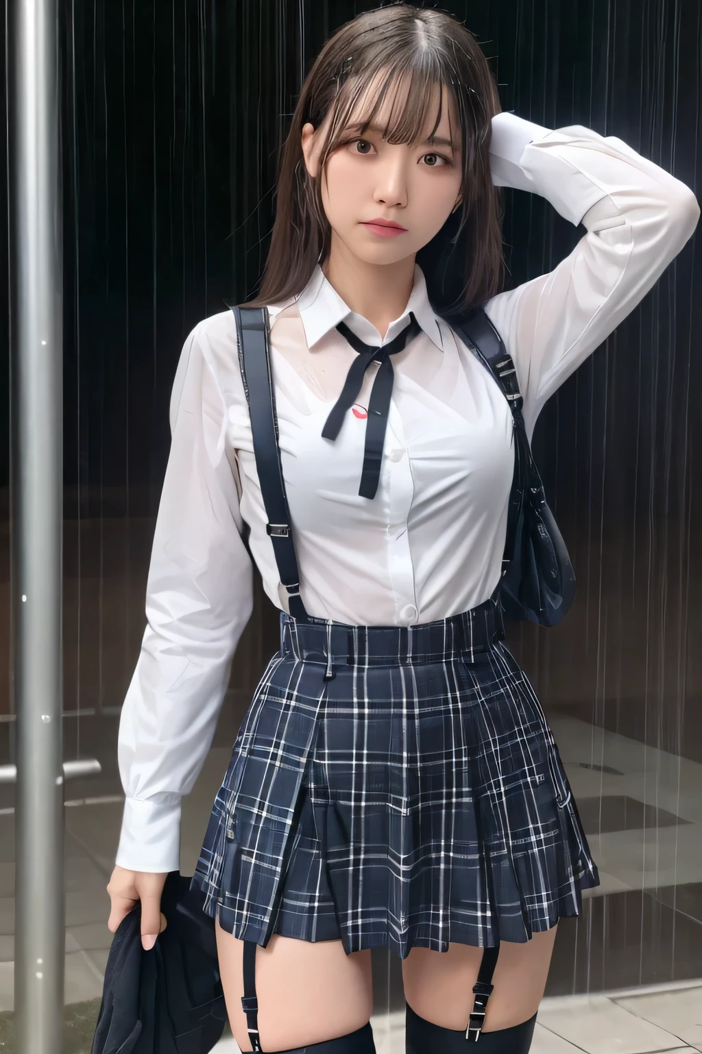 1 female, , high quality, masterpiece, Ultra-high resolution, Cinema Lighting, 1 female, , high quality, masterpiece, Ultra-high resolution, , Cinema Lighting, suspenders Moderate breasts Small face Looking up Sweat Thin belt buzzer 脇Sweat Garter belt Belt on pants holster Hands behind your back Looking up Anxious face Knee-high Knee socks Knee-highソックス garter ふとももにGarter belt Checkered mini skirt Panty shot Skirt gap Armament holster holster Hands behind your back Anxious expression Anxious face, legs apart Armament Leg holster holster See-through clothing heavy rain Rain-soaked dress shirt,