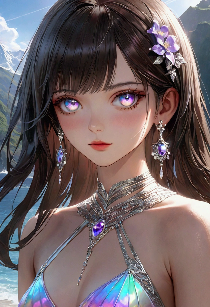 A girl with dark hair and iridescent eyes with aaesthetic built, looking at the viewer, underwear, realistic