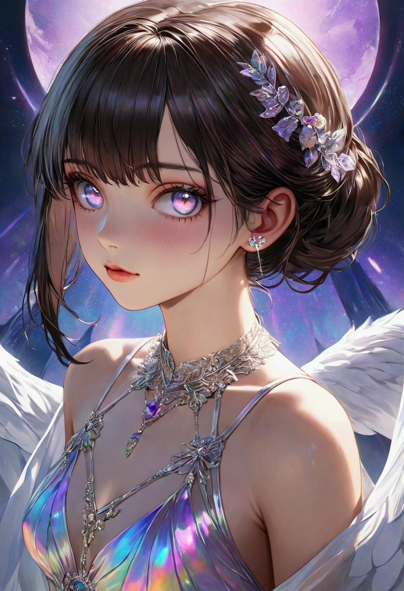 A girl with dark hair and iridescent eyes with aaesthetic built, looking at the viewer, underwear, realistic