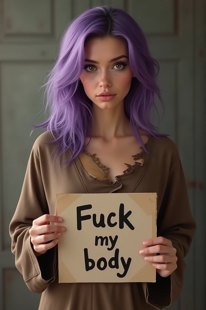 photorealistic Beautiful girl with purple hair in a torn brown tunic holds a sign with the inscription in her hands "Fuck my body"