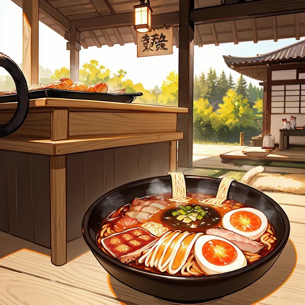 Unreal Engine, Detailed Background, Detailed Foreground, Depth of written boundary, Cat eating ramen, 日本のstall, stall ,Cat cooking ramen、