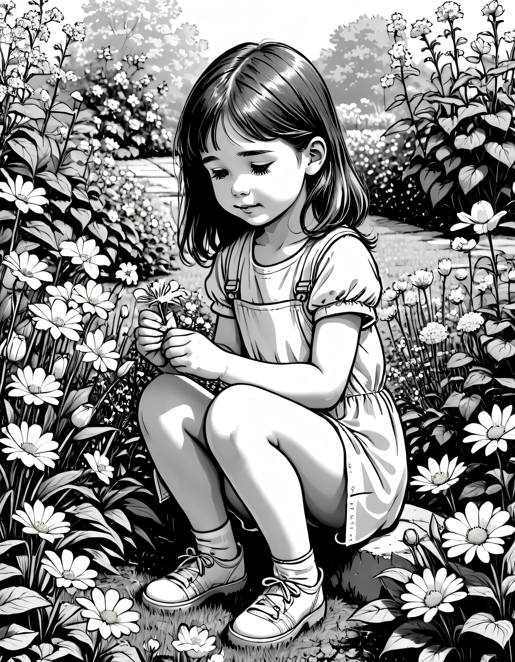 ittle girl with a bandaid on knee sitting in garden picking flowers, black and white, outlines only, line art, vector art, crisp whiite fill