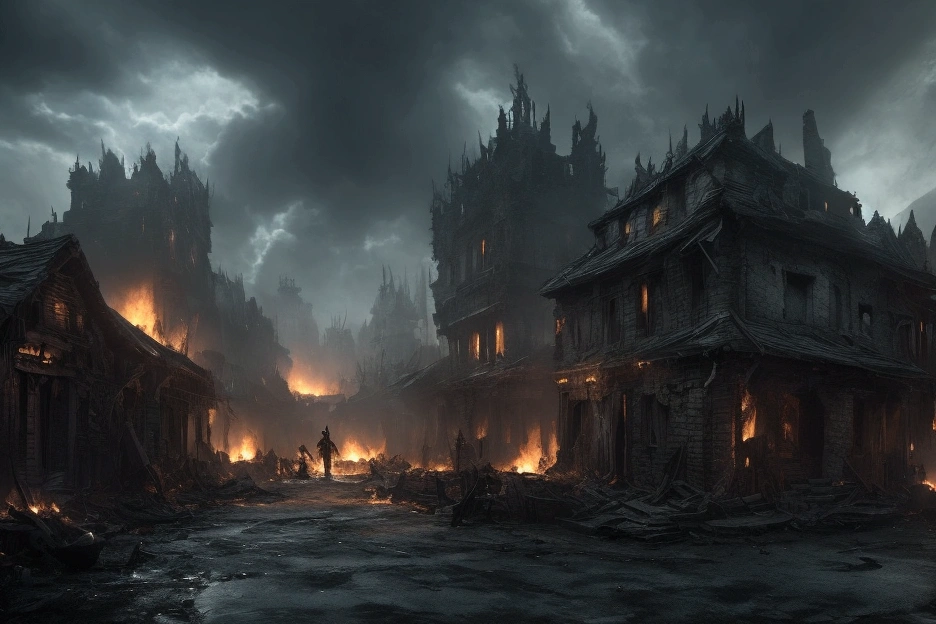 A cinematic, epic scene of a dark army led by a Dark Lord invading a village at dusk. The sky is filled with dark clouds and smoke from burning buildings. The Dark Lord, towering and menacing, wields a staff emitting dark energy. The army includes shadowy figures and various monstrous creatures wreaking havoc. Villagers are fleeing in terror, some carrying children or belongings. Fires blaze throughout the village, adding to the chaos. Focus on dynamic motion, dark magic, and the intense, apocalyptic atmosphere.
