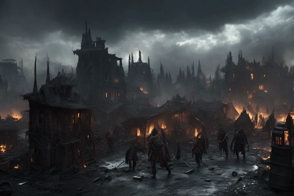 A cinematic, epic scene of a dark army led by a Dark Lord invading a village at dusk. The sky is filled with dark clouds and smoke from burning buildings. The Dark Lord, towering and menacing, wields a staff emitting dark energy. The army includes shadowy figures and various monstrous creatures wreaking havoc. Villagers are fleeing in terror, some carrying children or belongings. Fires blaze throughout the village, adding to the chaos. Focus on dynamic motion, dark magic, and the intense, apocalyptic atmosphere.