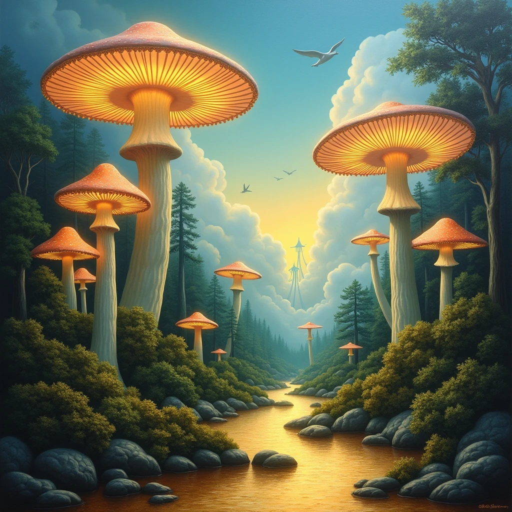 An oil painting of a surreal landscape featuring giant mushrooms with luminous caps. Floating islands in the sky and a river of liquid gold flowing through a forest of bioluminescent trees.