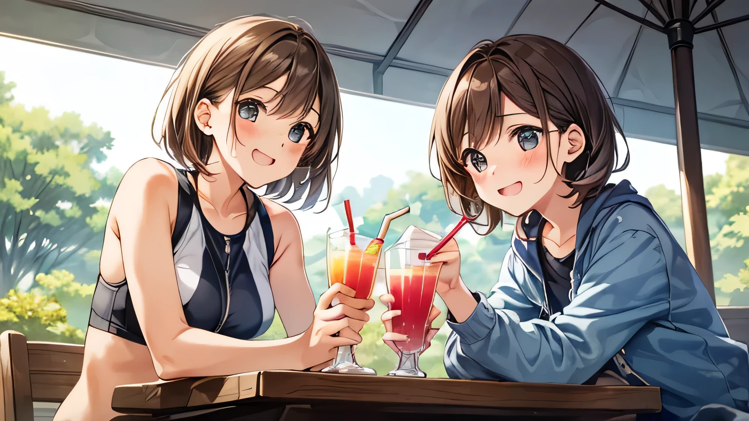 (masterpiece),(Highest quality),(Emotional)、Biking adventures。Going out on a bike ride with friends。Two girls drinking juice。Girl with light brown hair。The expression is a smile。