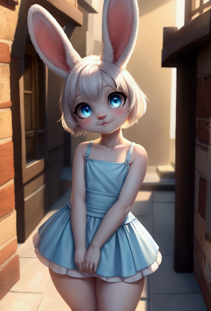 Small slim female bunny with nice big thighs and white fur and cute blue eyes and is wearing a short dress with a mini skirt.