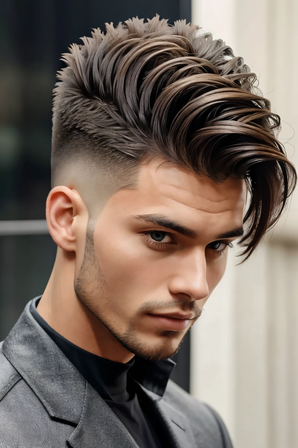 A person has a "textured quiff" or "voluminous quiff," characterized by longer, voluminous hair on top and shorter sides.