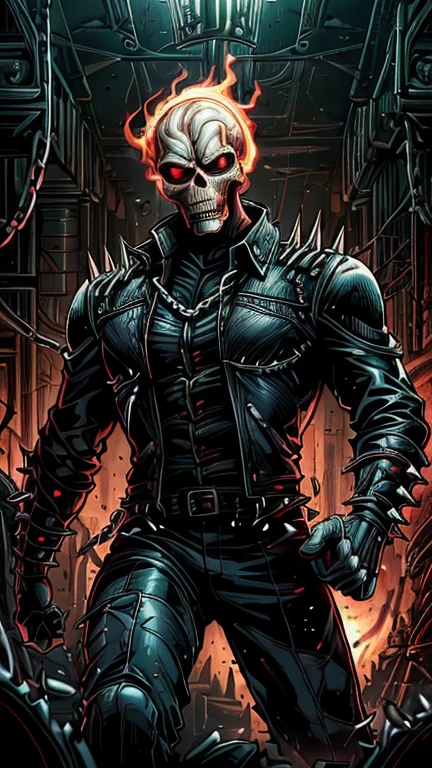 (1boy, ghostrider), (extremely detailed CG unit 8k wallpaper),(master part), (best quality), (ultra detail), (best illustration),(Dan Mumford style), cowboy shot, (Sharp eyeliner, ombre, detail eyes), dark dungeon interiors background, ,break , (vamptech),flaming skull head, studded leather jacket, chains,