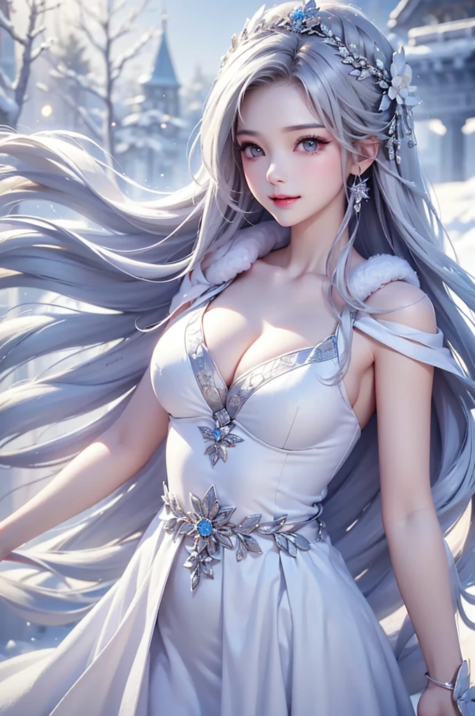 ((masterpiece:1.5、8k、Portraiture、フォトリアリスティックでVery detailedなCG、Very detailed、Particle Effects、Dynamic Effects、Shallow depth of field、Cinematic Light、Lens flare、Ray Tracing、Tabletop、Realistic:1.4、Ultra-high resolution:1.2、Realistic、Realistic))((alone、,オフショルダーのドレスの上にカシミアのcoatを着た女性:1.4、wear a long scarf、White belt、coat、Elegant woman posing、Detailed face、bright表情、young, bright, Whiter skin、small breasts、cleavage, Best Looks、Ultimate beauty、Shiny silver hair with highlights、bright and shiny hair,、Super long, Silky straight hair、Hair dancing in the wind))(morning、outdoors, winter, snow falling)