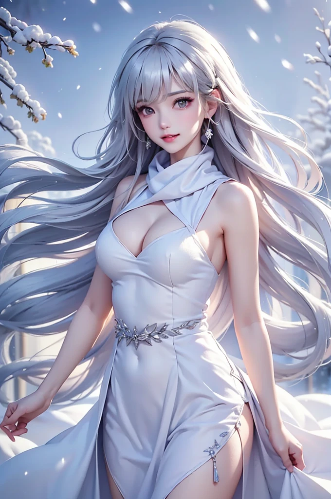 ((masterpiece:1.5、8k、Portraiture、フォトリアリスティックでVery detailedなCG、Very detailed、Particle Effects、Dynamic Effects、Shallow depth of field、Cinematic Light、Lens flare、Ray Tracing、Tabletop、Realistic:1.4、Ultra-high resolution:1.2、Realistic、Realistic))((alone、,オフショルダーのドレスの上にカシミアのcoatを着た女性:1.4、wear a long scarf、White belt、coat、Elegant woman posing、Detailed face、bright表情、young, bright, Whiter skin、small breasts、cleavage, Best Looks、Ultimate beauty、Shiny silver hair with highlights、bright and shiny hair,、Super long, Silky straight hair、Hair dancing in the wind))(morning、outdoors, winter, snow falling)