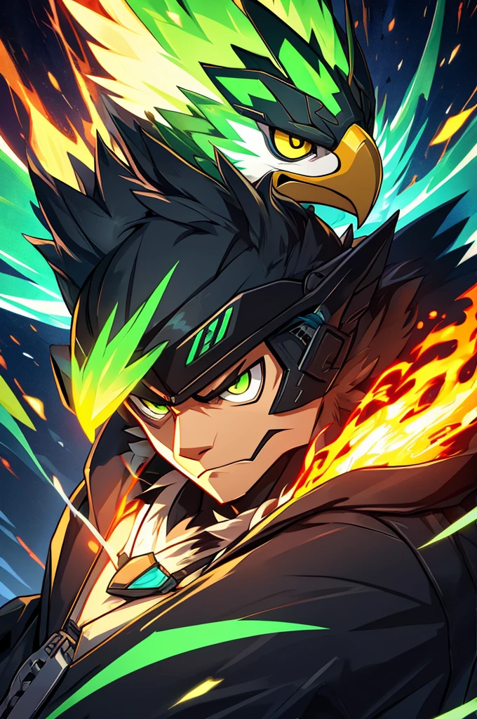 offcial art, Unity 8k papel de parede, ultra detaild, bonitas,so the hawk man head with green aura of anthropomorphic fire ,neon eagle mask, with black jacket, with an angry face, ,fluffly, cute, shorty, kawaii, drawing 2