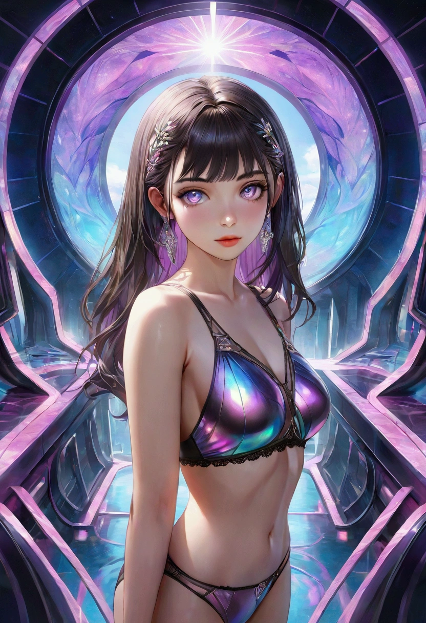 A girl with dark hair and iridescent eyes with aaesthetic built, looking at the viewer, underwear,full view, realistic