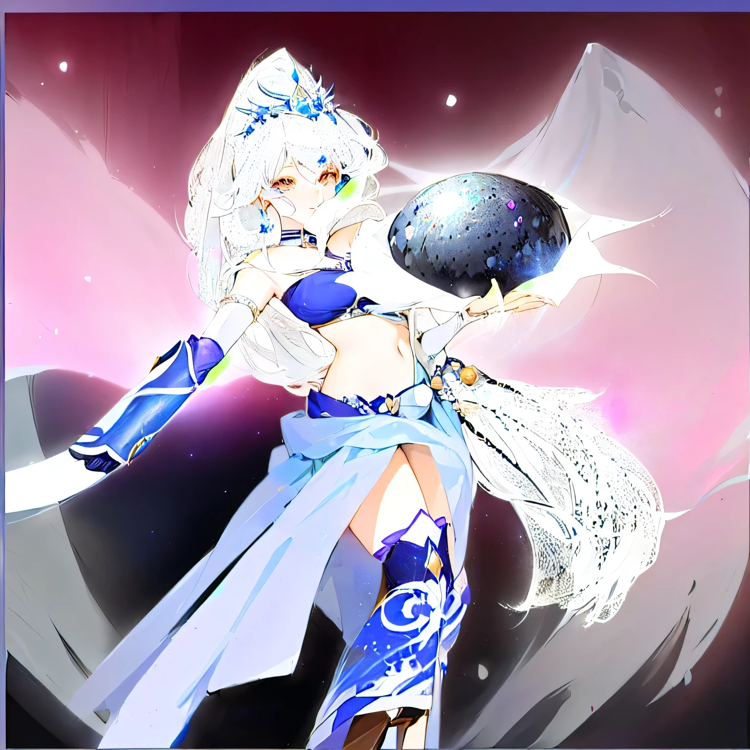 anime girl in a blue dress holding a black ball, princess 'kida' kidagakash, a sorceress casting a ice ball, inspired by Tsubasa Nakai, inspired by Kusumi Morikage, white haired deity, lunar goddess, anime goddess, inspired by INO, moon goddess, :14 80s anime style