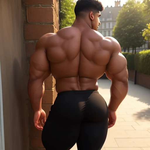 4 meter tall slightly overweight indian men. 20 years old. Childish Young hairless fresh face. In london with friend. Very sexy Posing for camera. Muscular. Wearing a henley and a tight black sweat pants. Big ass. Smooth body and face. Belly seen. Long long legs. View from the back. Sunlight.