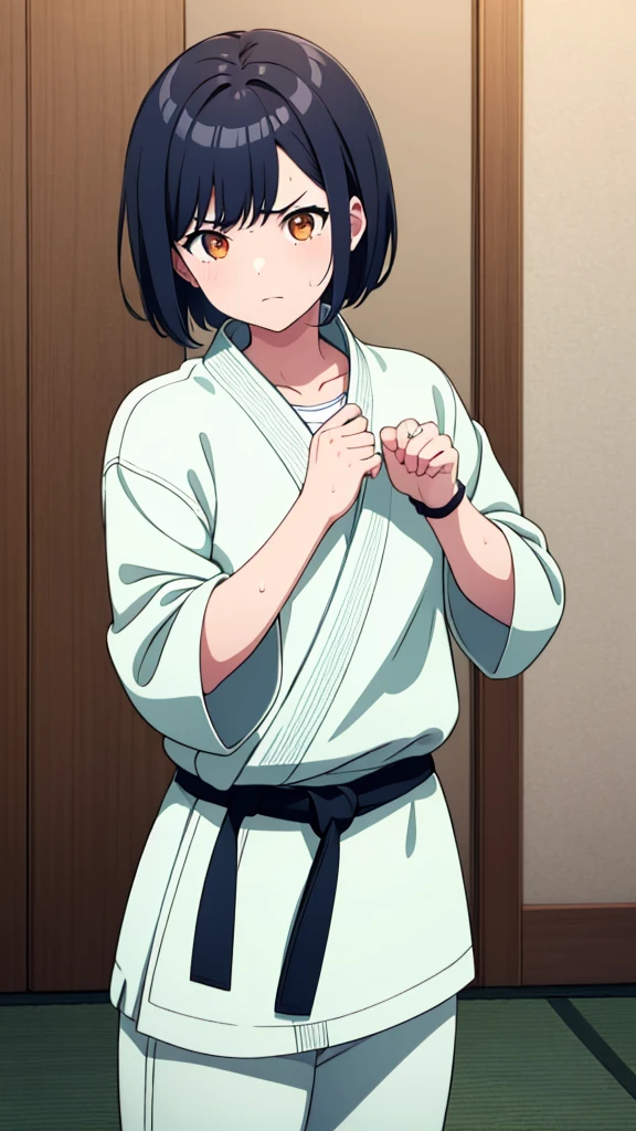 ((masterpiece, Highest quality, Very detailed, Very nice 8K CG wallpaper)), , A little thick, Medium Hair, Dark hair with a slight navy blue tint, short hair, dark orange eyes,judo player、長袖judo着、Large bust、ロングjudoパンツ、judo、Serious expression、Inside the judo Gymnasium、、On the tatami、discovery、One Girl、Combat Stance、A tough fight、Shiraishi Apricot、Bust Size D Cup、A boy holding both of her wrists、Kissed by a boy、Reddening of the face、Sweating