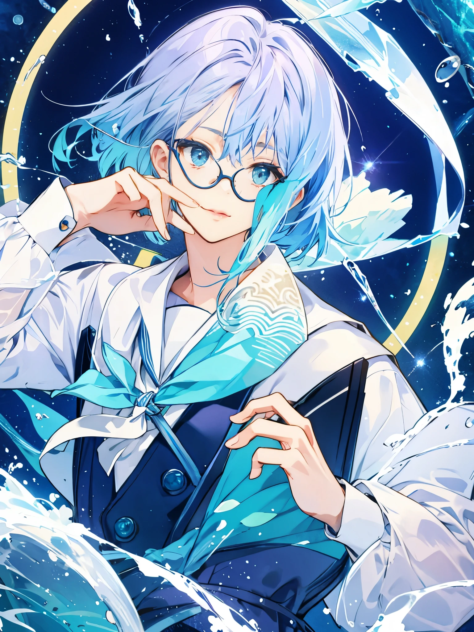 Sea motif　Blue Hair　Wearing small glasses　Beautiful water splashes　Transparency　Gradient hair　Eye color is purple　Dressed in a sailor uniform　Vibrant Background　Hands clasped behind back