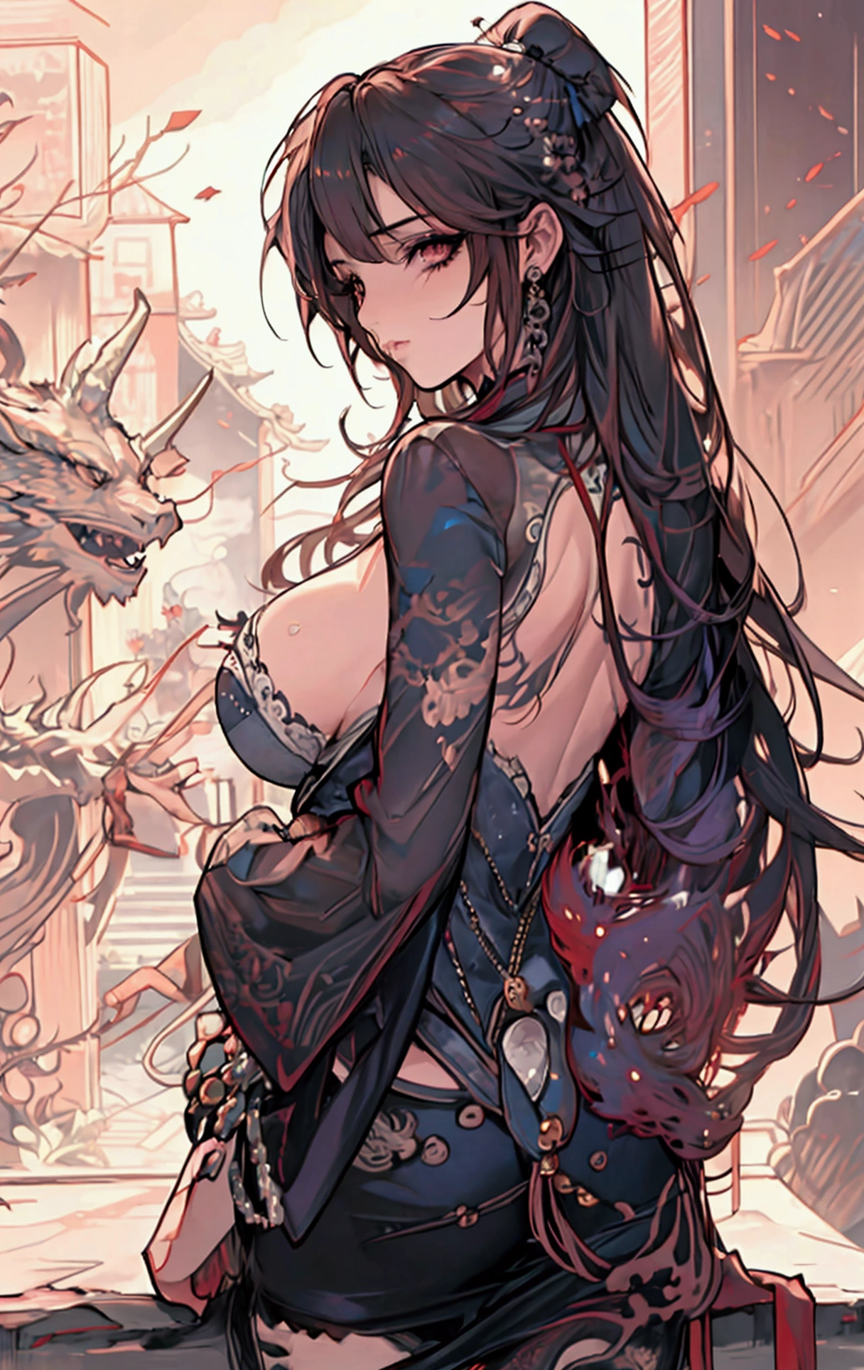 best qualtiy, 超A high resolution, detail portrayal, from behind, Beautuful Women, large full breasts, Dragon tattoo all over the back, Fluffy clothes,