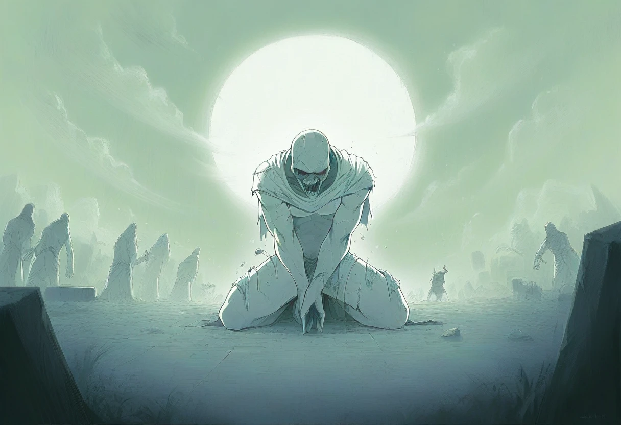 (A horde of undead, rotten, zombied, superheroes) rise from the ground and shamble towards Superman who is praying on a moonlit night, ruins of Tokyo