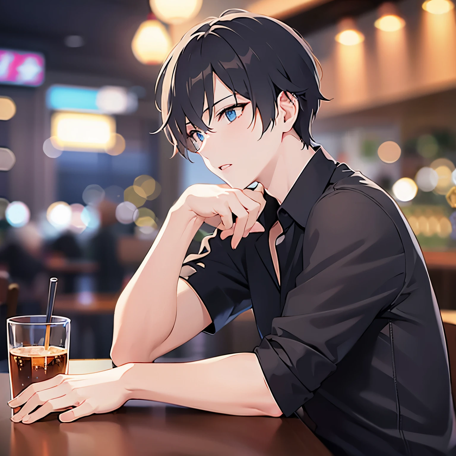 upper body、profile、Side shot、cheek rest, shiny skin, masterpiece、Highest quality、 (25-year-old male:1.3) and (Black short hair) and (blue eyes), (black collared shirt) frown、open mouth,The background is the interior of a bar at night.、(alone:1.5)