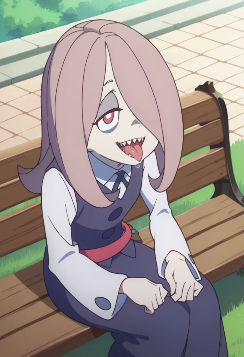 score_8_up, score_7_up, anime screencap, perfection, 1 girl, Sucy Manbavaran, solo, upper body , portrait, sitting on bench, witch academy uniform, long skirt, smiling, sharp teeth ,flat chest, outdoors, witch academy, from above, open mouth, tongue out, shy, seductive smile, aroused, saliva, hard breathing, hot cloud of breath from mouth,