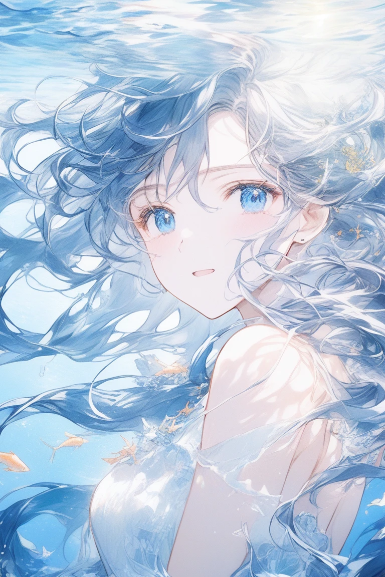(Very detailedなCG、Unity、8k wallpaper)、(Very delicate and beautiful)、(masterpiece)、(Highest quality:1.0)、(超High resolution:1.0)、Beautiful lighting、Perfect Lightning、Realistic Shadows、[High resolution]、Detailed skin、Very detailed、Detailed face and eyes、Realistic eyes、Blue Eyes、Floats on water、White Hair、drifting、A girl in a white dress floating in the deep sea、Life at sea、Shining a light、Underwater Scene、terrible、water flowing