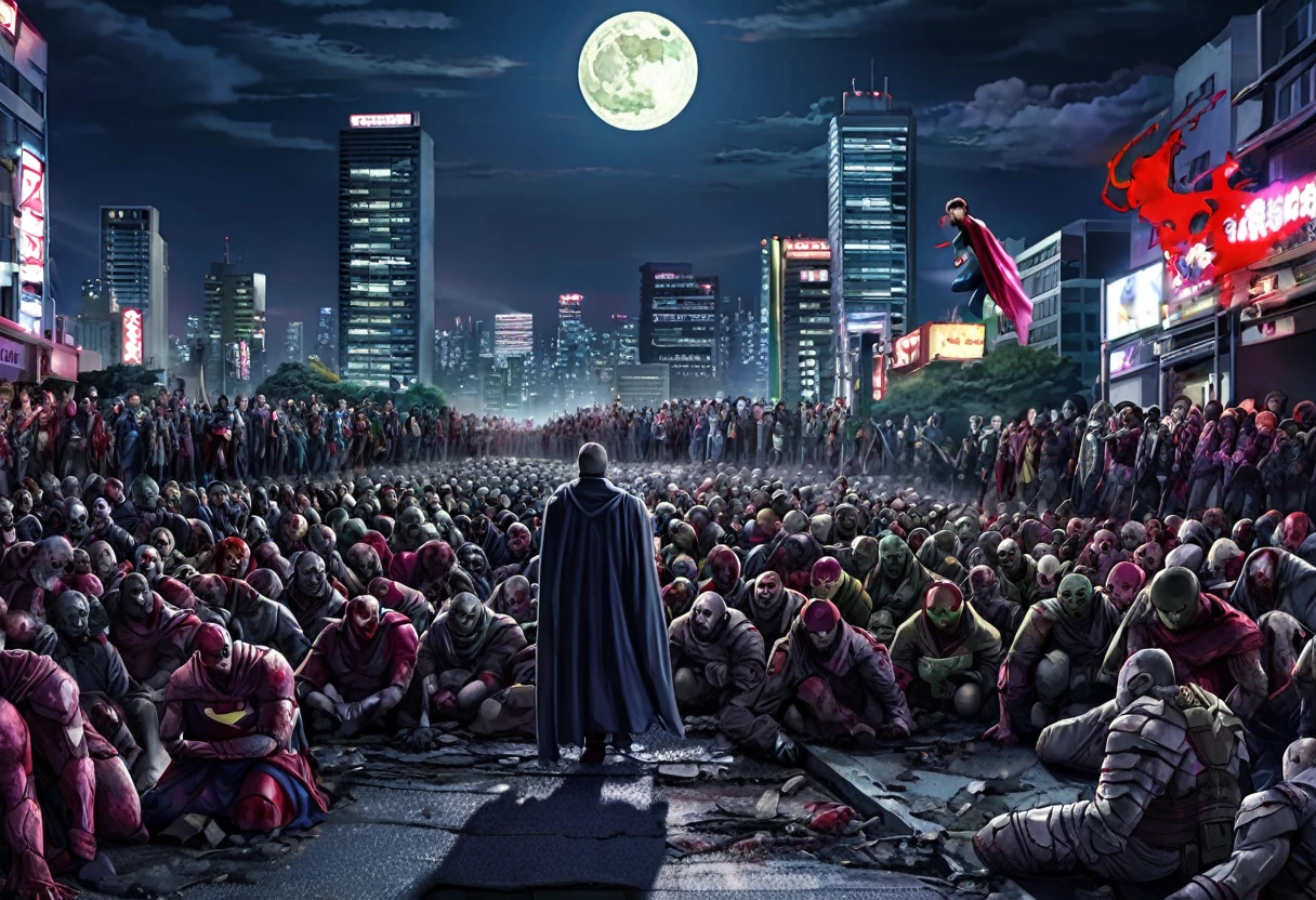 (A horde of undead, rotten, zombied, superheroes) rise from the ground and shamble towards Superman who is praying on a moonlit night, ruins of Tokyo