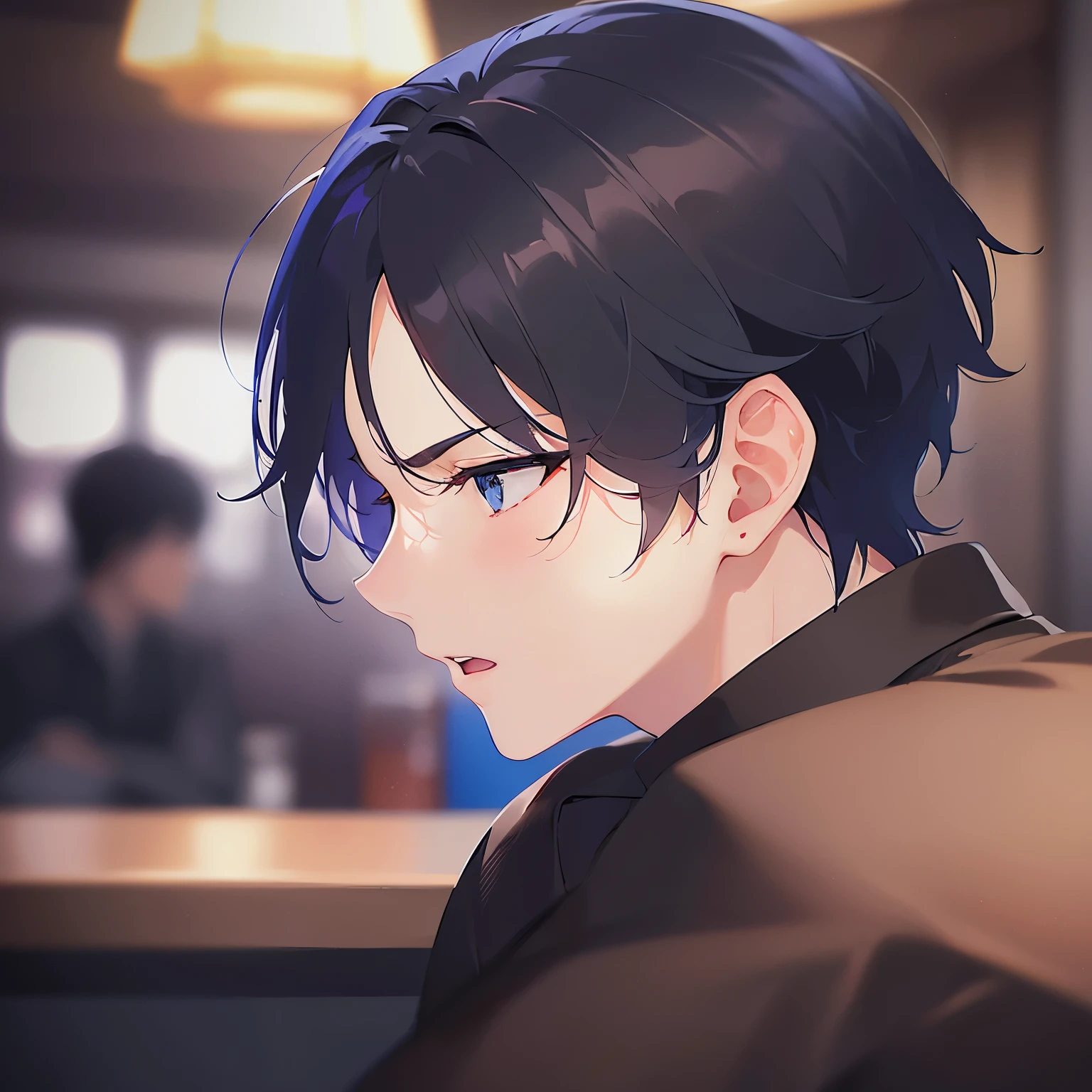 upper body、profile、Side shot、cheek rest,
shiny skin, masterpiece、Highest quality、
(25-year-old male:1.3) and (Black short hair) and (blue eyes),
(black collared shirt)
frown、open mouth,The background is the interior of a bar at night.、(alone:1.5)