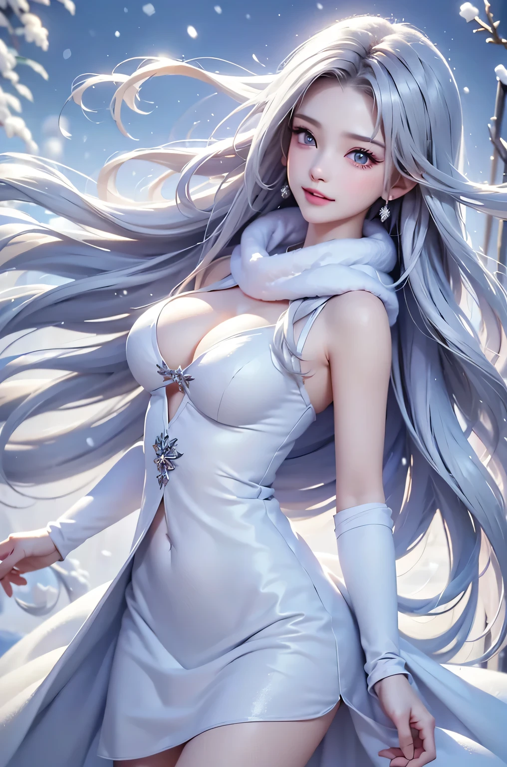 ((masterpiece:1.5、8k、Portraiture、Photorealistic and very detailed CG、Very detailed、Particle Effects、Dynamic Effects、Shallow depth of field、Cinematic Light、Lens flare、Ray Tracing、Tabletop、Realistic:1.4、Ultra-high resolution:1.2、Realistic、Realistic))((alone、,A woman wearing a cashmere coat over an off-the-shoulder dress:1.4、wear a long scarf、White Belt、coat、Elegant woman posing、Detailed face、brightexpression、young, bright, Whiter skin、small breasts、cleavage, Best Looks、Ultimate beauty、Shiny silver hair with highlights、bright and shiny hair,、Super long, Silky straight hair、Hair dancing in the wind))(morning、outdoors, winter, snow falling)
