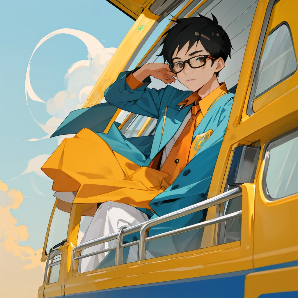 Create image a 2D cartoon sticker of a Thai male student with glasses and short hair, wearing a Thai vocational college student uniform, waiting for a bus.