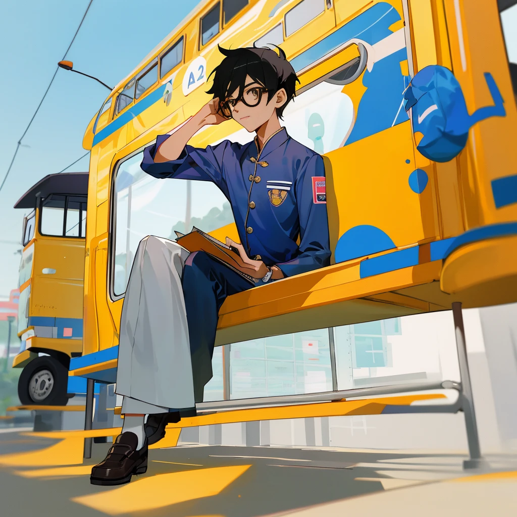 Create image a 2D cartoon sticker of a Thai male student with glasses and short hair, wearing a Thai vocational college student uniform, waiting for a bus.