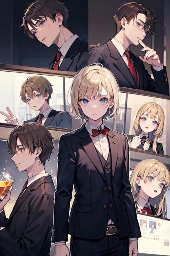 (Old west) (1 Male man) (Of 27 years) (Banker) (Old west) (Pale) (White skin) (Dark blue eyes) (Dark blue eyes) (Old west banker clothes) (Brown hair) (Brown blonde hair) (Medium hair). Comic panel (collage)