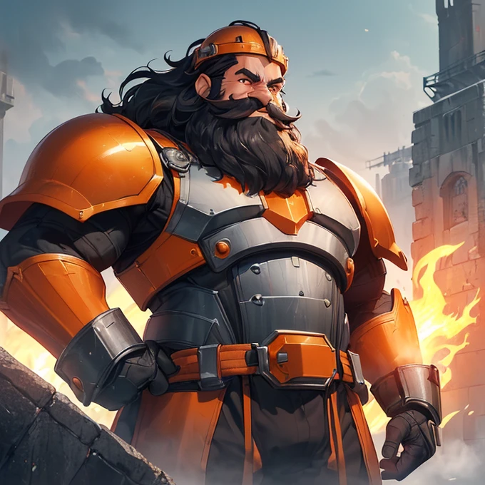 High Resolution, Simple background, Masterpiece, Best Quality, Detail, HD, High Quality, fantasy genre
{{(male adult dark dwarf soldier: (dwarf short body, dark-grey skin, red eyes, straight long red beard, long red mustache over the mouth, big nose, red eyebrows, nice smiling, kind demeanor, kind face and smile, short body torso, short arms, short legs), (bulky dwarf orange steel armor, orange squared steel helmet, orange squared-cuirass, bulky squared orange shoulderplates, squared orange elbowplates, squared orange arms armor, squared borange belly armor, pale-golden steel belt, orange squared hips armor, orange gauntlets, orange steel knee plates, (black long hammer, black steel hamer)), (standing quietly, patient demeanor, imponent guarding pose, standing upright), (clear morning sky, grey clouds around the day, white sun at the horizon, red tower, black fire torches at the tower’s walls))}}
