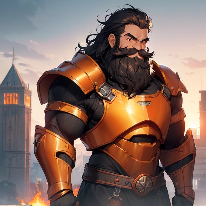 High Resolution, Simple background, Masterpiece, Best Quality, Detail, HD, High Quality, fantasy genre
{{(male adult dark dwarf soldier: (dwarf short body, dark-grey skin, red eyes, straight long red beard, long red mustache over the mouth, big nose, red eyebrows, nice smiling, kind demeanor, kind face and smile, short body torso, short arms, short legs), (bulky dwarf orange steel armor, orange squared steel helmet, orange squared-cuirass, bulky squared orange shoulderplates, squared orange elbowplates, squared orange arms armor, squared borange belly armor, pale-golden steel belt, orange squared hips armor, orange gauntlets, orange steel knee plates, (black long hammer, black steel hamer)), (standing quietly, patient demeanor, imponent guarding pose, standing upright), (clear morning sky, grey clouds around the day, white sun at the horizon, red tower, black fire torches at the tower’s walls))}}