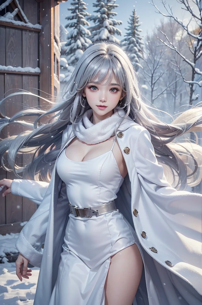 ((masterpiece:1.5、8k、Portraiture、フォトリアリスティックでVery detailedなCG、Very detailed、Particle Effects、Dynamic Effects、Shallow depth of field、Cinematic Light、Lens flare、Ray Tracing、Tabletop、Realistic:1.4、Ultra-high resolution:1.2、Realistic、Realistic))((alone、,オフショルダーのドレスの上にカシミアのcoatを着た女性:1.4、wear a long scarf、White belt、coat、Elegant woman posing、Detailed face、bright表情、young, bright, Whiter skin、small breasts、cleavage, Best Looks、Ultimate beauty、Shiny silver hair with highlights、bright and shiny hair,、Super long, Silky straight hair、Hair dancing in the wind))(morning、outdoors, winter, snow falling)