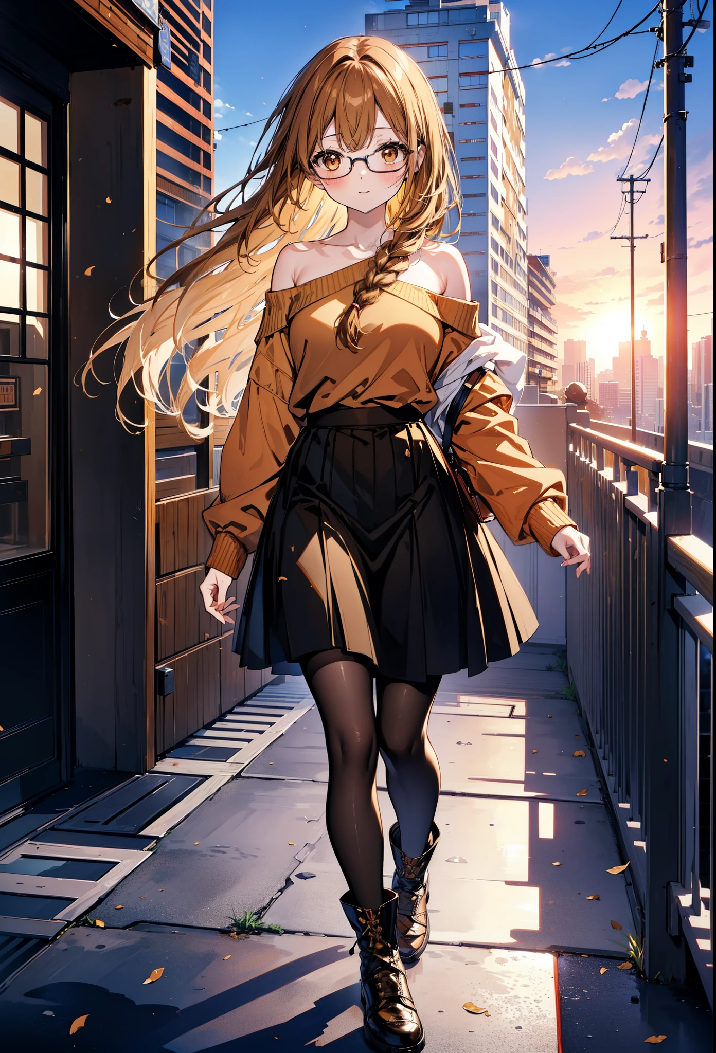 a sun ayuuki, a sun a yuuki, Brown Hair, (Brown eyes:1.8),smile,blush,Long braids,Black-rimmed glasses,Red one-shoulder sweater,Long skirt,Black pantyhose,short boots,Daytime,Clear skies,Walking,whole bodyがイラストに入るように,
break outdoors, Building district,
break looking at viewer, whole body,
break (masterpiece:1.2), Highest quality, High resolution, unity 8k wallpaper, (figure:0.8), (Beautiful attention to detail:1.6), Highly detailed face, Perfect lighting, Highly detailed CG, (Perfect hands, Perfect Anatomy),