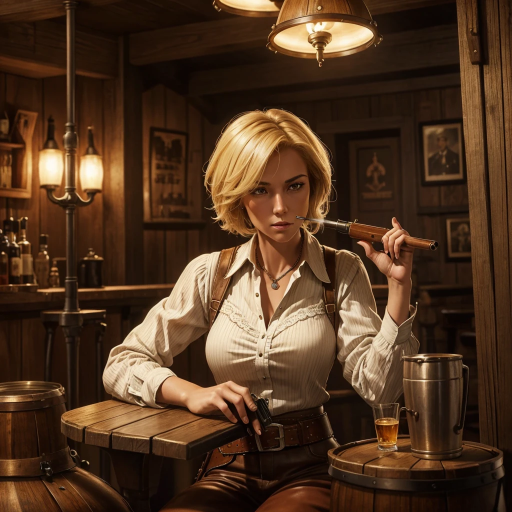Short-haired female cowboy in a western saloon,blonde,Sitting,Smoking Pipes,table Wisky,piano,6-shot revolver,Barrel,table,Trump,Dust,artwork,3d,4K,detailed,Realistic