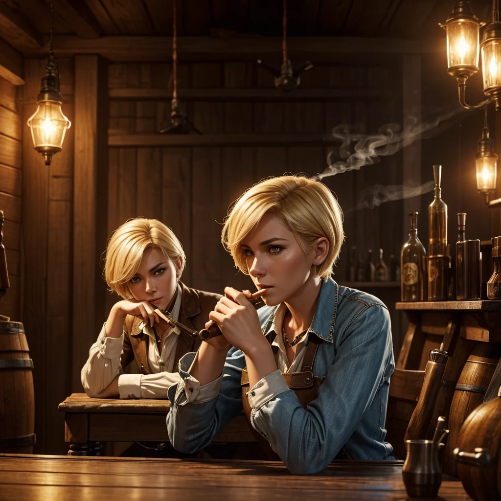 Short-haired female cowboy in a western saloon,blonde,Sitting,Smoking Pipes,table Wisky,piano,6-shot revolver,Barrel,table,Trump,Dust,artwork,3d,4K,detailed,Realistic