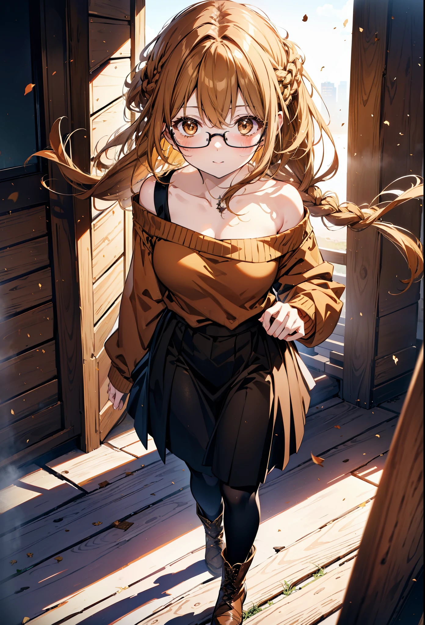 a sun ayuuki, a sun a yuuki, Brown Hair, (Brown eyes:1.8),smile,blush,Long braids,Black-rimmed glasses,Red one-shoulder sweater,Long skirt,Black pantyhose,short boots,Daytime,Clear skies,Walking,whole bodyがイラストに入るように,
break outdoors, Building district,
break looking at viewer, whole body,
break (masterpiece:1.2), Highest quality, High resolution, unity 8k wallpaper, (figure:0.8), (Beautiful attention to detail:1.6), Highly detailed face, Perfect lighting, Highly detailed CG, (Perfect hands, Perfect Anatomy),