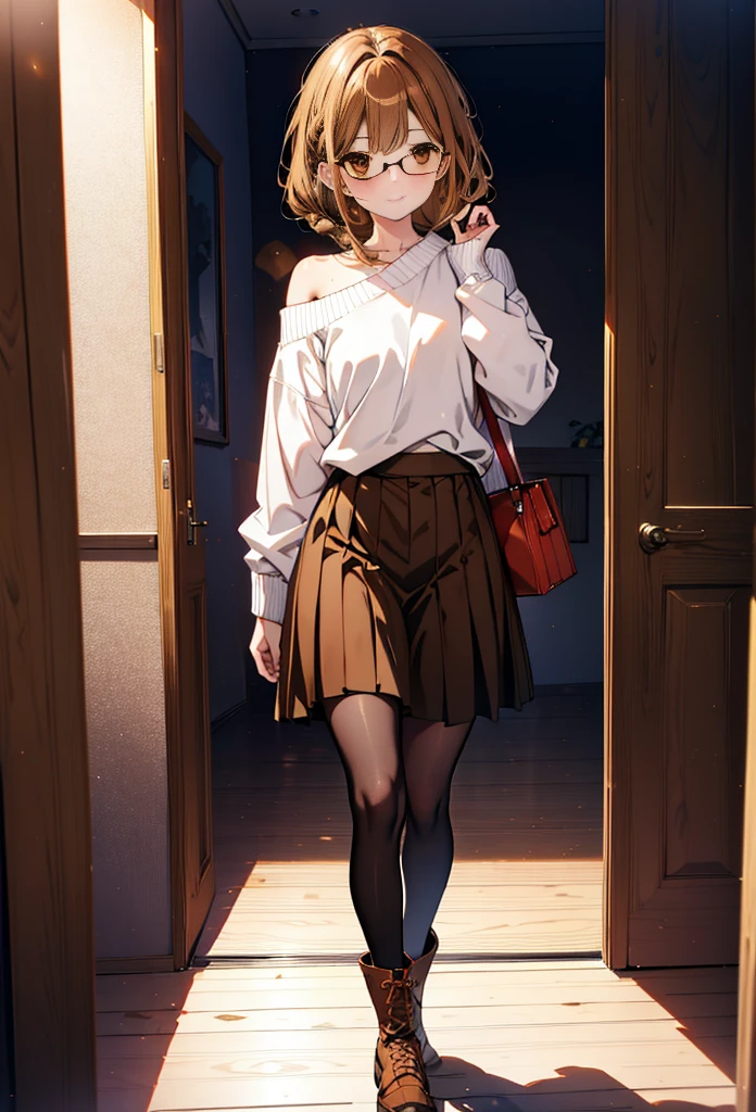a sun ayuuki, a sun a yuuki, Brown Hair, (Brown eyes:1.8),smile,blush,Long braids,Black-rimmed glasses,Red one-shoulder sweater,Long skirt,Black pantyhose,short boots,Daytime,Clear skies,Walking,whole bodyがイラストに入るように,
break outdoors, Building district,
break looking at viewer, whole body,
break (masterpiece:1.2), Highest quality, High resolution, unity 8k wallpaper, (figure:0.8), (Beautiful attention to detail:1.6), Highly detailed face, Perfect lighting, Highly detailed CG, (Perfect hands, Perfect Anatomy),