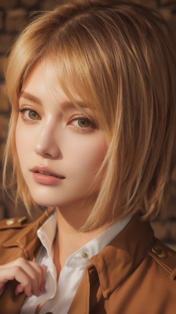 blond woman Short Hair wearing a brown jacket and white shirt, Similar to Annie Leonhart, Blackpink's Joshi portrait, Gweiz-style artwork, anime girl in real life, Short Hair, High-quality portraits, anime realism style, hyper realistic anime, photorealistic anime, Soft Portrait Shot 8k, anime. Soft lighting